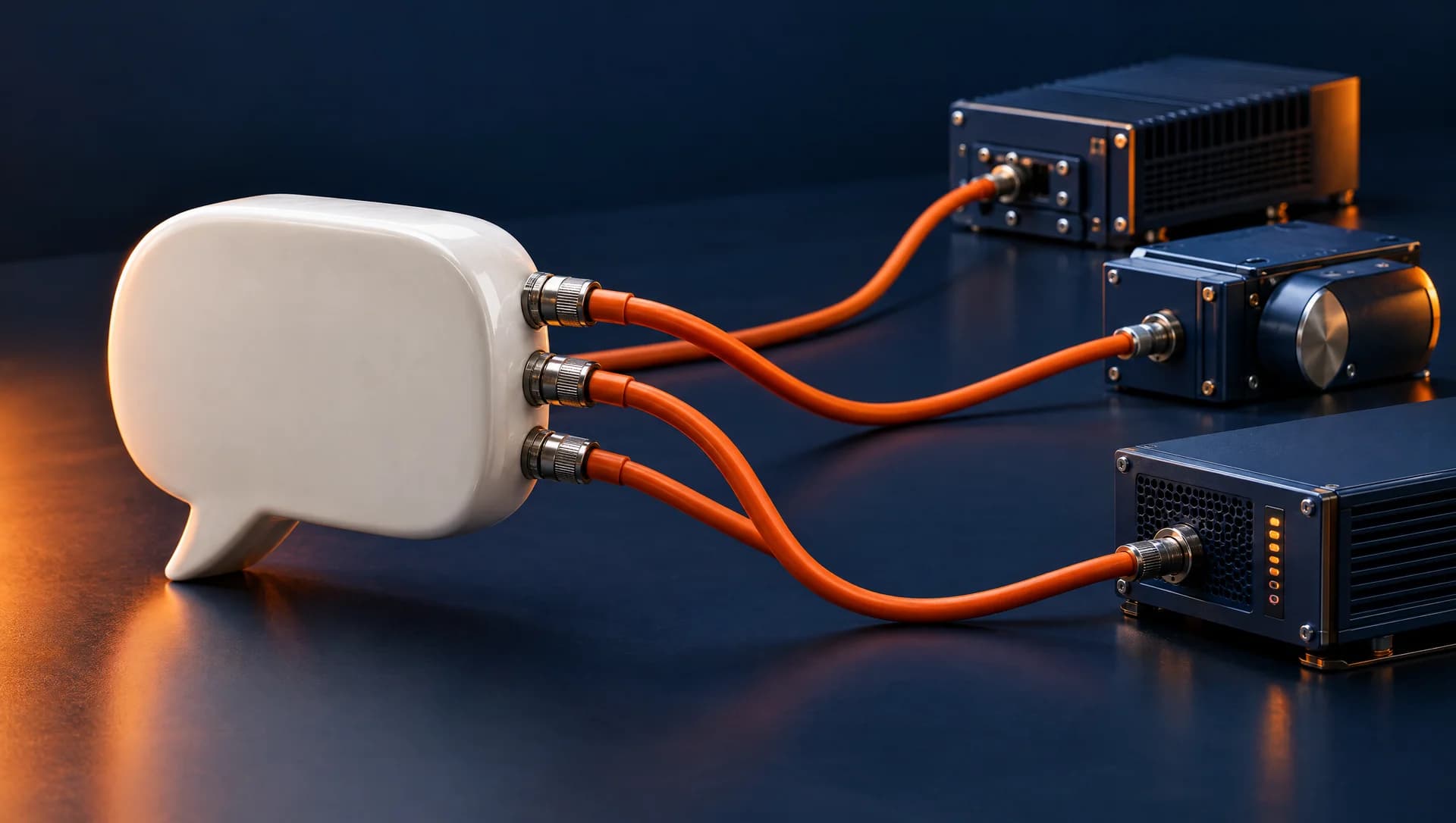 A white speech bubble connected by orange cables to three navy modules