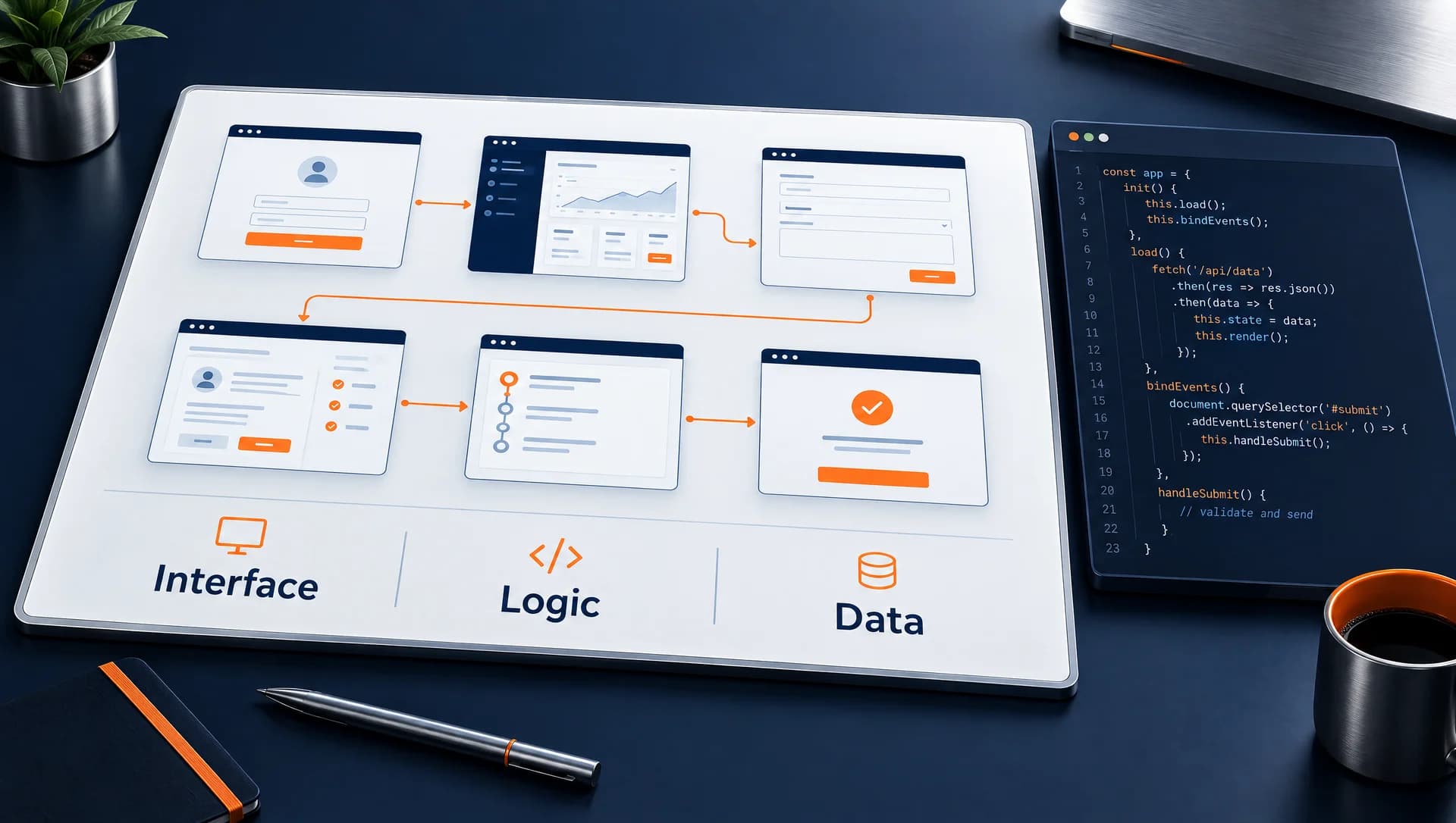 Concept illustration of connected application screens, business logic and data beside a code editor