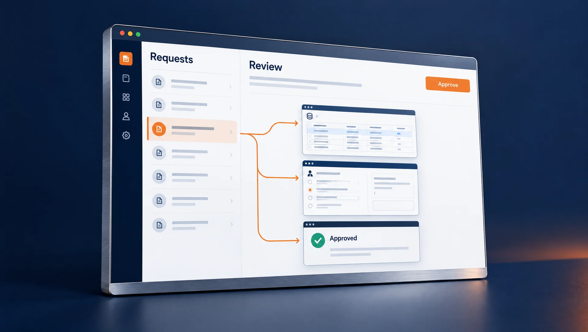 Concept illustration of a request-review application connected to data and approval screens