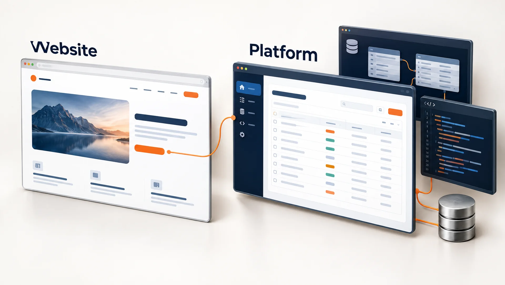 A public website connected to a platform with application screens, code and a database
