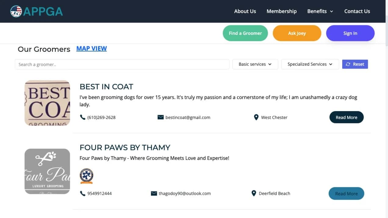 APPGA’s public groomer directory with search, service filters and business listings