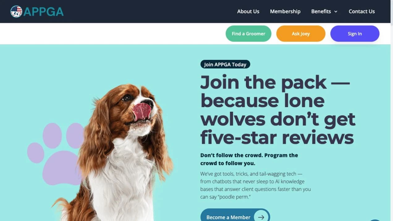 APPGA homepage with the association branding, membership introduction and groomer-directory navigation