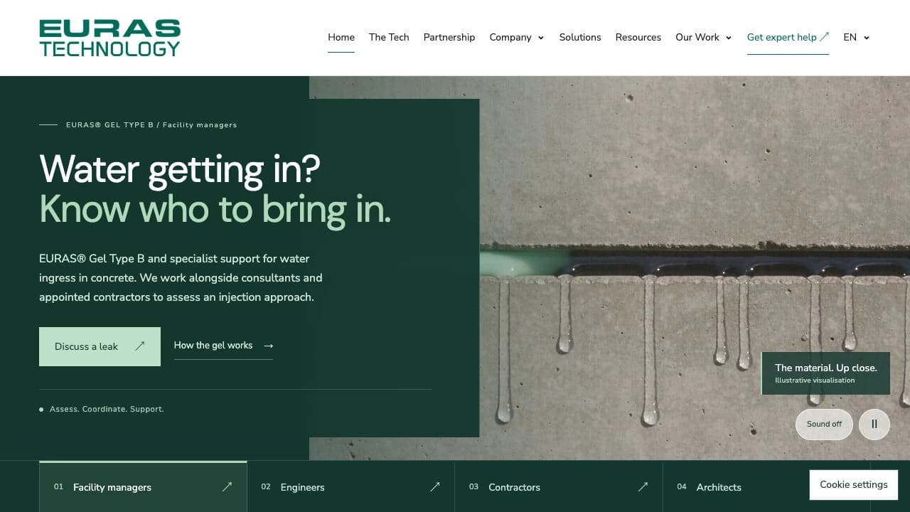Current Euras homepage introducing injection waterproofing and audience-specific routes