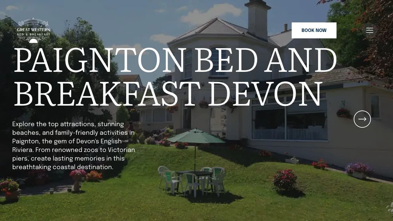 Great Western Hotel homepage showing the property and direct booking link