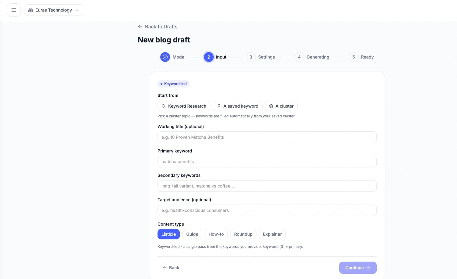CCP new blog draft workflow with keyword research, saved keyword and cluster inputs, audience and content type options.